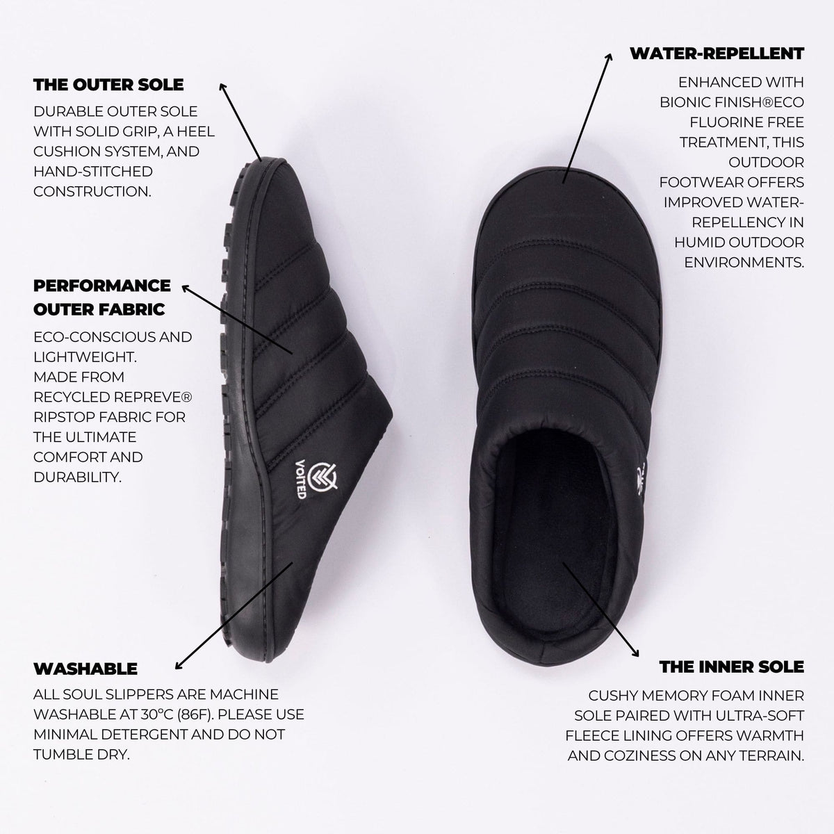 Voited Soul Slipper - Lightweight, Indoor/Outdoor Camping Slippers - Black