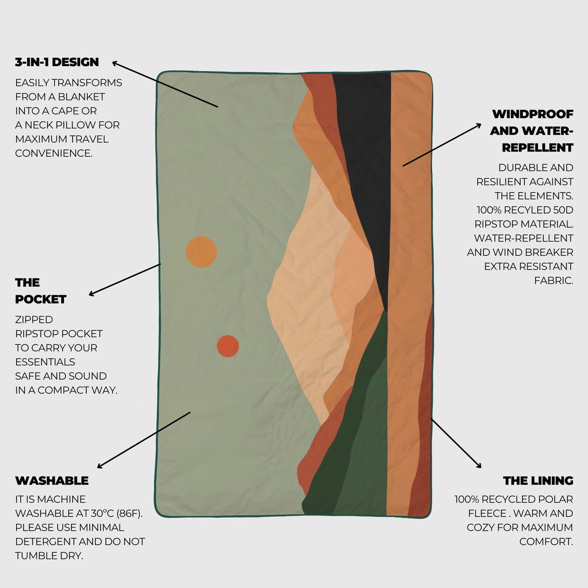VOITED NeckPack Travel PillowBlanket - Jasper / Tree Green